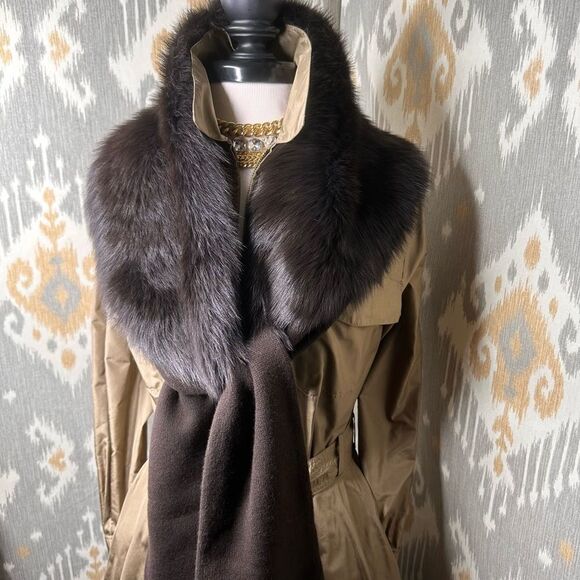 Ralph Lauren Espresso Brown Italian Shearling & Cashmere Blend Knit Scarf - Picture 1 of 16